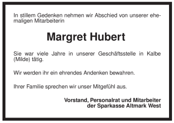 Traueranzeige von Margret Hubert von ALLGEMEINE ZEITUNG UELZEN
