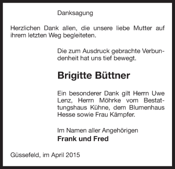 Traueranzeige von Brigitte Büttner von Uelzen