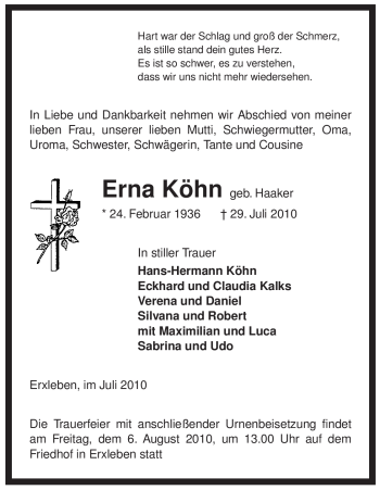 Traueranzeige von Erna Köhn von ALLGEMEINE ZEITUNG UELZEN