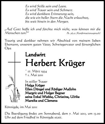 Traueranzeige von Herbert Krüger von ALLGEMEINE ZEITUNG UELZEN