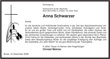 Traueranzeige von Anna Schwarzer von ALLGEMEINE ZEITUNG UELZEN