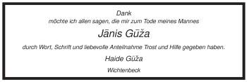 Traueranzeige von Janis Guza von ALLGEMEINE ZEITUNG UELZEN