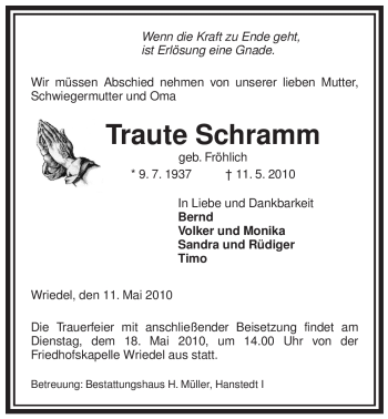 Traueranzeige von Traute Schramm von ALLGEMEINE ZEITUNG UELZEN