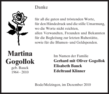 Traueranzeige von Martina Gogollok von ALLGEMEINE ZEITUNG UELZEN