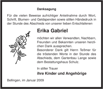 Traueranzeige von Erika Gabriel von ALLGEMEINE ZEITUNG UELZEN