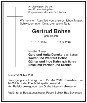 Traueranzeige von Gertrud Bohse von ALLGEMEINE ZEITUNG UELZEN