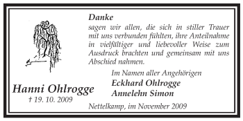 Traueranzeige von Hanni Ohlrogge von ALLGEMEINE ZEITUNG UELZEN