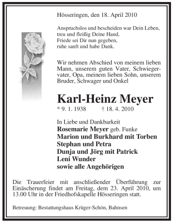 Traueranzeige von Karl-Heinz Meyer von ALLGEMEINE ZEITUNG UELZEN
