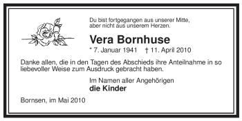 Traueranzeige von Vera Bornhuse von ALLGEMEINE ZEITUNG UELZEN