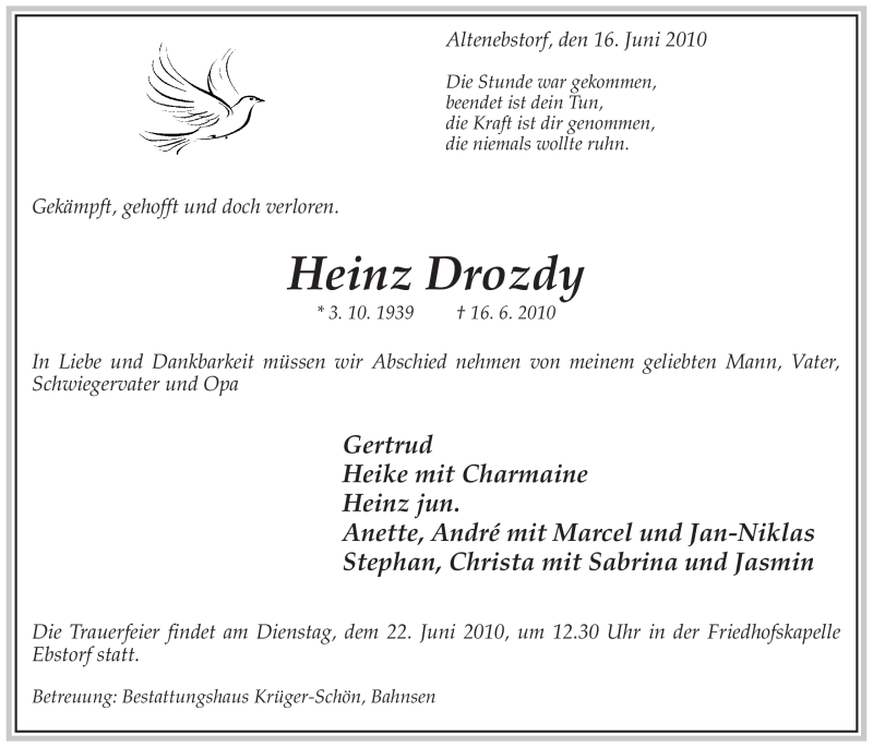  Traueranzeige für Heinz Drozdy vom 18.06.2010 aus ALLGEMEINE ZEITUNG UELZEN