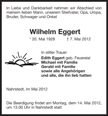 Traueranzeige von Wilhelm Eggert von ALLGEMEINE ZEITUNG UELZEN