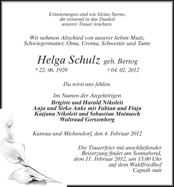 Traueranzeige von Helga Schulz von ALLGEMEINE ZEITUNG UELZEN