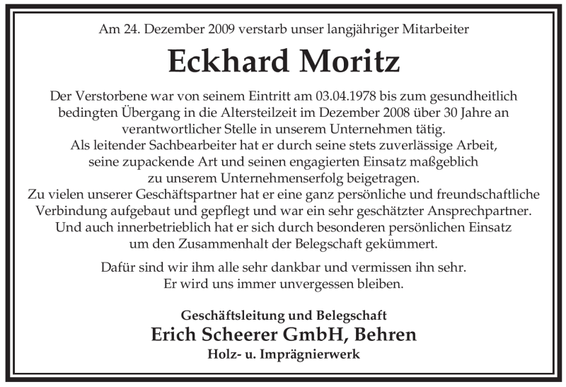  Traueranzeige für Eckhard Moritz vom 30.12.2009 aus ALLGEMEINE ZEITUNG UELZEN