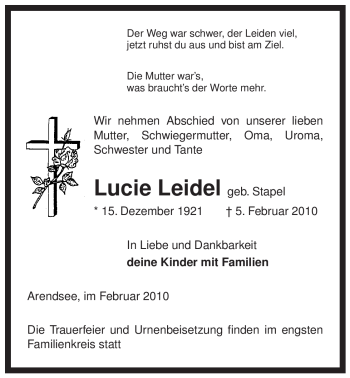 Traueranzeige von Lucie Leidel von ALLGEMEINE ZEITUNG UELZEN