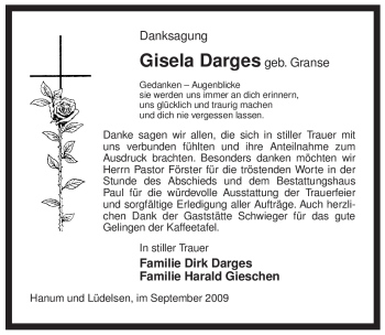 Traueranzeige von Gisela Darges von ALLGEMEINE ZEITUNG UELZEN