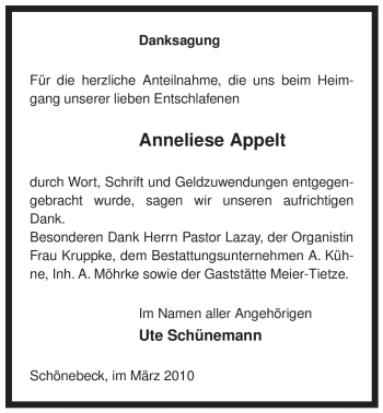 Traueranzeige von Anneliese Appelt von ALLGEMEINE ZEITUNG UELZEN