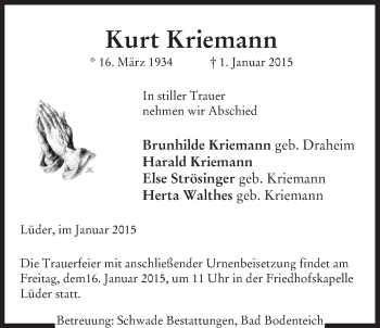 Traueranzeige von Kurt Kriemann von Uelzen