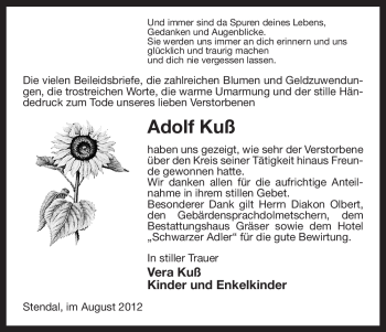Traueranzeige von Adolf Kuß von ALLGEMEINE ZEITUNG UELZEN
