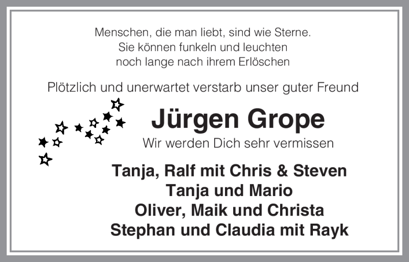  Traueranzeige für Jürgen Grope vom 03.11.2010 aus ALLGEMEINE ZEITUNG UELZEN