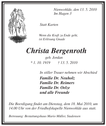 Traueranzeige von Christa Bergenroth von ALLGEMEINE ZEITUNG UELZEN