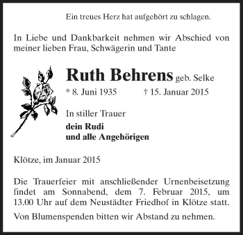 Traueranzeige von Ruth Behrens von Uelzen