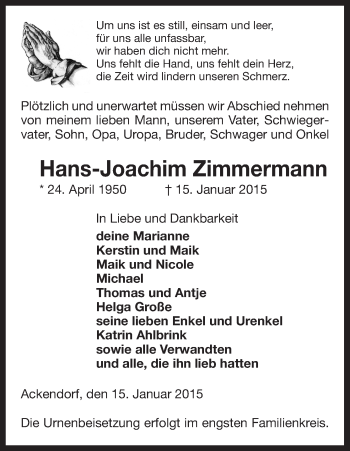 Traueranzeige von Hans-Joachim Zimmermann von Uelzen