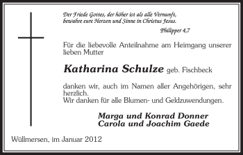 Traueranzeige von Katharina Schulze von ALLGEMEINE ZEITUNG UELZEN