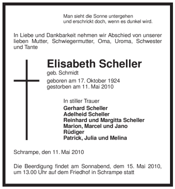 Traueranzeige von Elisabeth Scheller von ALLGEMEINE ZEITUNG UELZEN