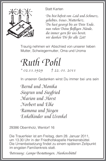 Traueranzeige von Ruth Pohl von ALLGEMEINE ZEITUNG UELZEN