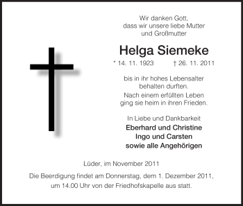 Traueranzeige von Helga Siemeke von ALLGEMEINE ZEITUNG UELZEN