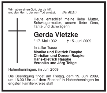 Traueranzeige von Gerda Vietzke von ALLGEMEINE ZEITUNG UELZEN