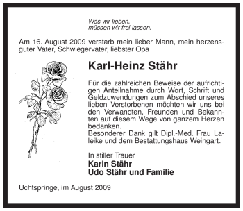 Traueranzeige von Karl-Heinz Stähr von ALLGEMEINE ZEITUNG UELZEN