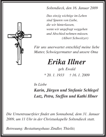 Traueranzeige von Erika Illner von ALLGEMEINE ZEITUNG UELZEN