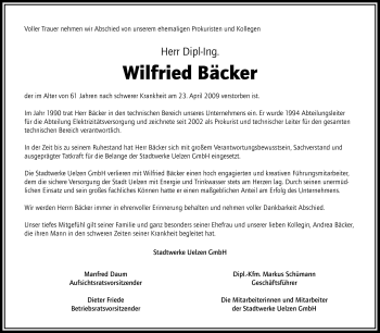 Traueranzeige von Wilfried Bäcker von ALLGEMEINE ZEITUNG UELZEN