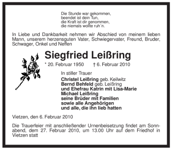 Traueranzeige von Siegfried Leißring von ALLGEMEINE ZEITUNG UELZEN