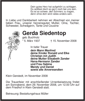 Traueranzeige von Gerda Siedentop von ALLGEMEINE ZEITUNG UELZEN