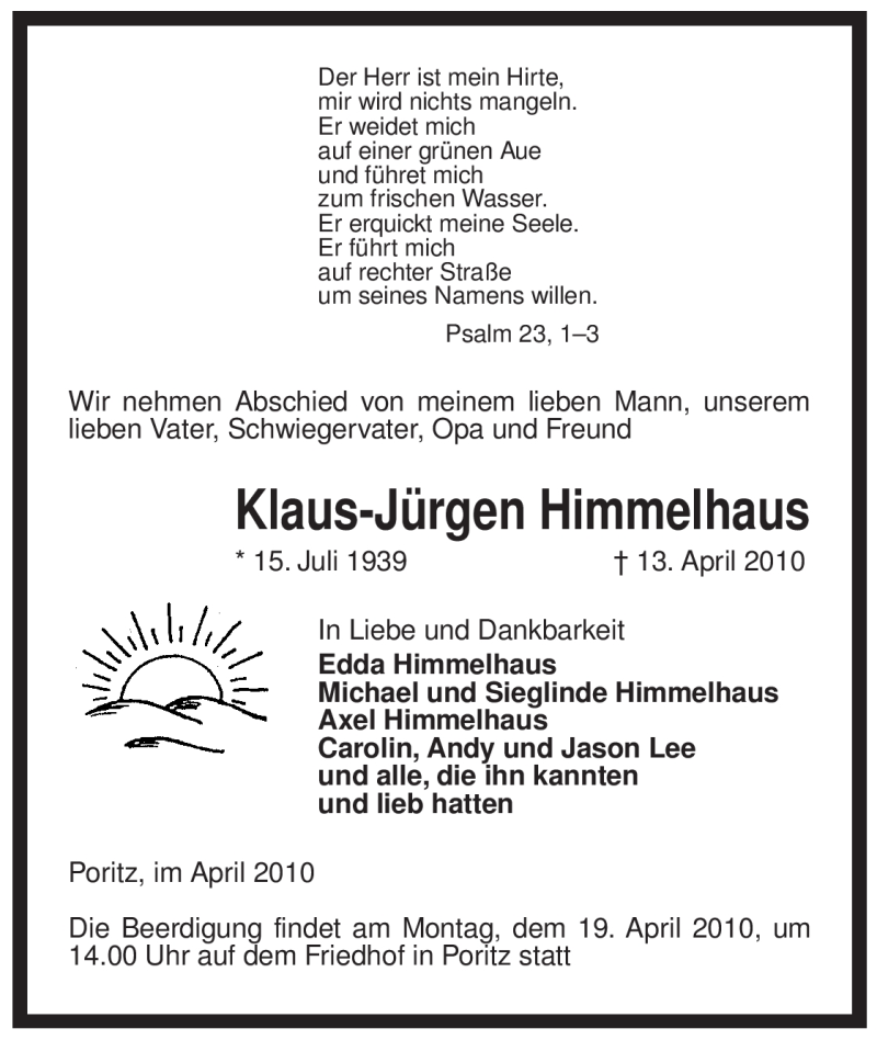  Traueranzeige für Klaus-Jürgen Himmelhaus vom 15.04.2010 aus ALLGEMEINE ZEITUNG UELZEN