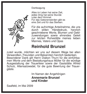 Traueranzeige von Reinhold Brunzel von ALLGEMEINE ZEITUNG UELZEN