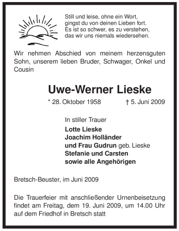 Traueranzeige von Uwe-Werner Lieske von ALLGEMEINE ZEITUNG UELZEN