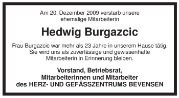 Traueranzeige von Hedwig Burgazcic von ALLGEMEINE ZEITUNG UELZEN