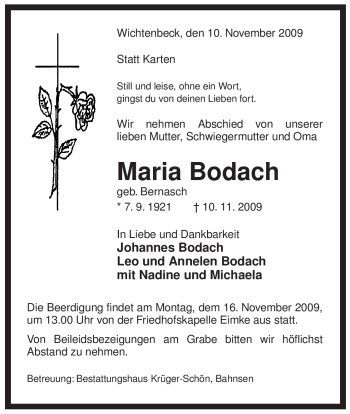 Traueranzeige von Maria Bodach von ALLGEMEINE ZEITUNG UELZEN