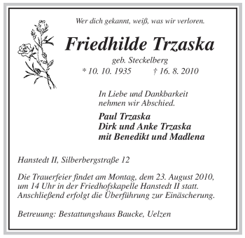 Traueranzeige von Friedhilde Trzaska von ALLGEMEINE ZEITUNG UELZEN