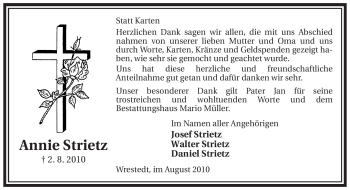 Traueranzeige von Annie Strietz von ALLGEMEINE ZEITUNG UELZEN