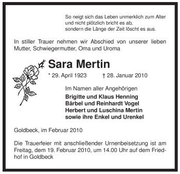 Traueranzeige von Sara Mertin von ALLGEMEINE ZEITUNG UELZEN