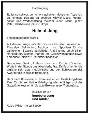 Traueranzeige von Helmut Jung von ALLGEMEINE ZEITUNG UELZEN