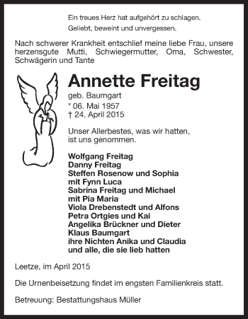 Traueranzeige von Annette Freitag von Uelzen