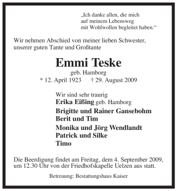 Traueranzeige von Emmi Teske von ALLGEMEINE ZEITUNG UELZEN