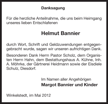 Traueranzeige von Helmut Bannier von ALLGEMEINE ZEITUNG UELZEN