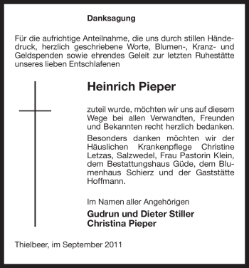 Traueranzeige von Heinrich Pieper von ALLGEMEINE ZEITUNG UELZEN