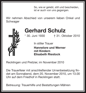 Traueranzeige von Gerhard Schulz von ALLGEMEINE ZEITUNG UELZEN